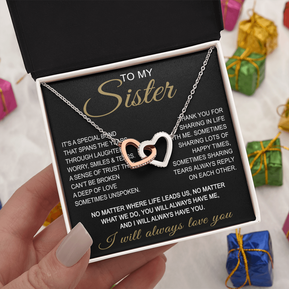 To My Sister Interlocking Hearts Necklace - Long Distant Sister Gift for Birthday, Wedding, Christmas, or any Special Occasion.