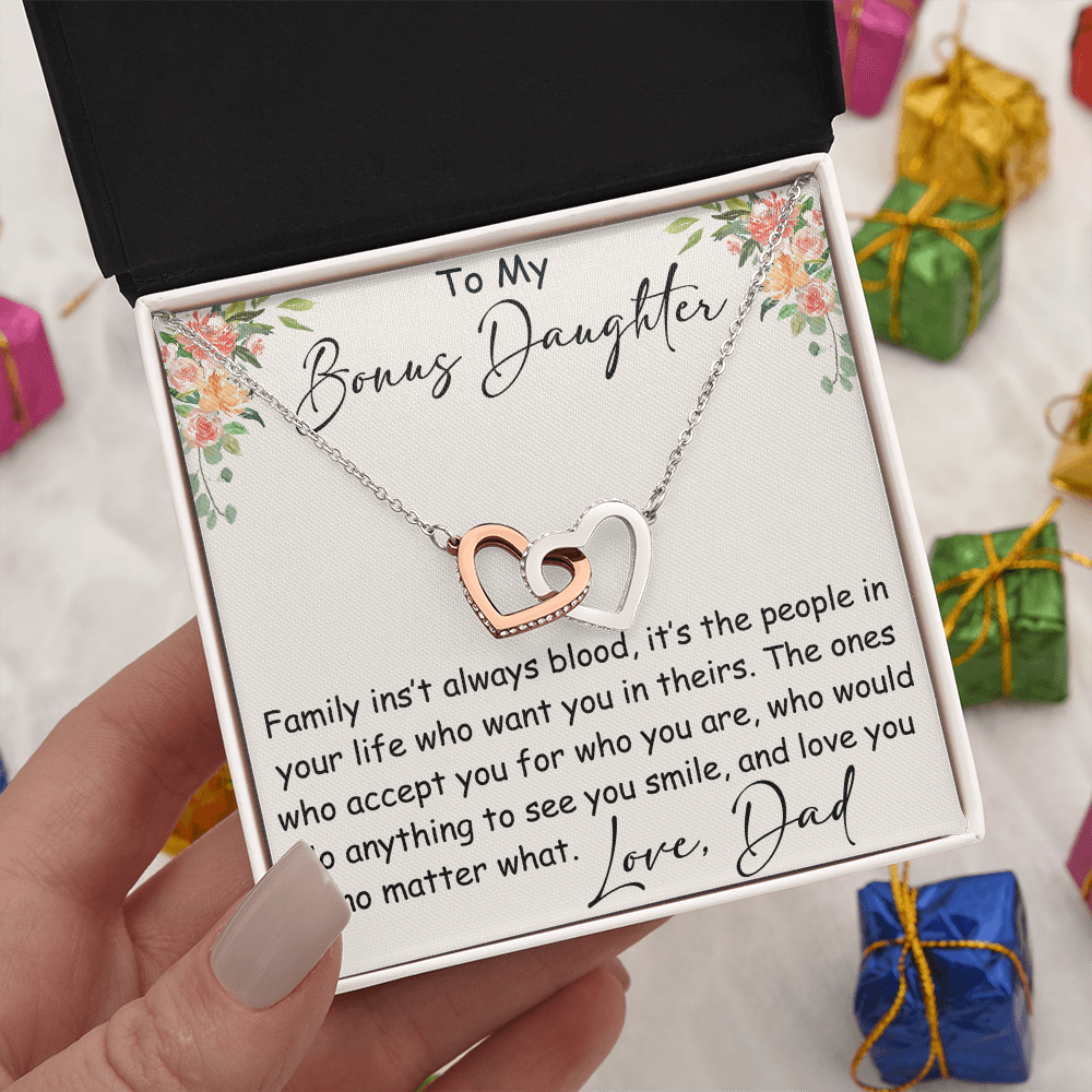 Interlocking Hearts Necklace – Meaningful Bonus Daughter Gift – Stepdad/Stepmom Family Bond Jewelry