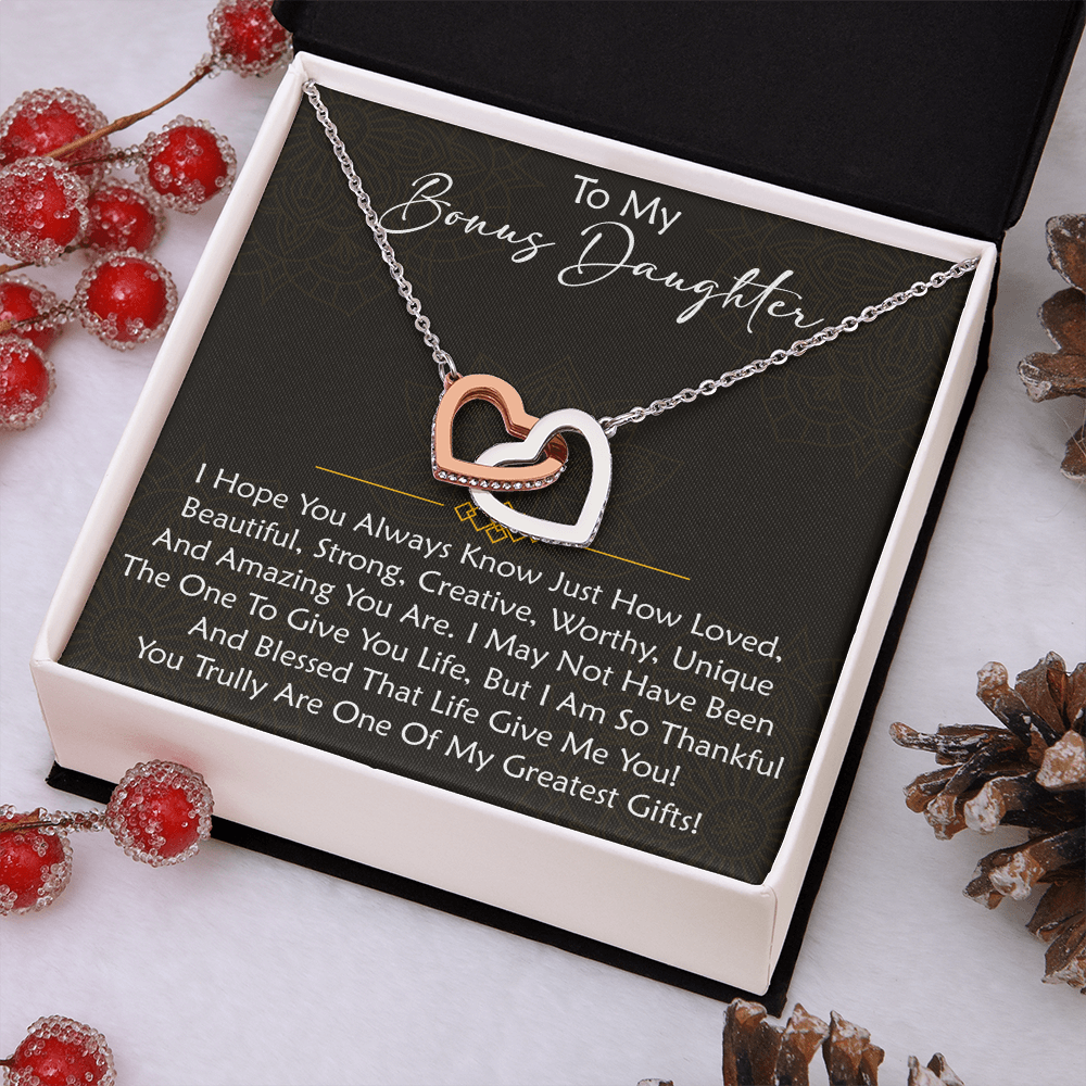 To My Bonus Daughter  Interlocking Hearts Necklace - Birthday Xmas Family Matching Gift from Bonus Mom Dad For Special Occasion.