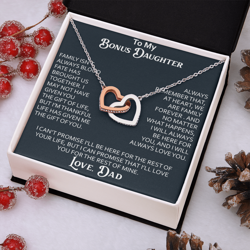 To My Bonus Daughter Interlocking Hearts Necklace Meaningful Gift from Dad, Stepdaughter Heart Family Love Jewelry