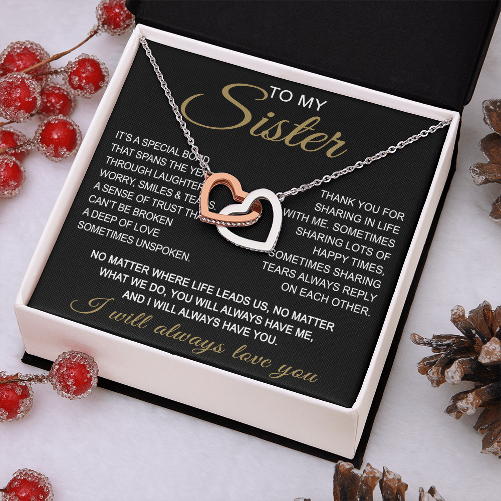 To My Sister Interlocking Hearts Necklace - Long Distant Sister Gift for Birthday, Wedding, Christmas, or any Special Occasion.