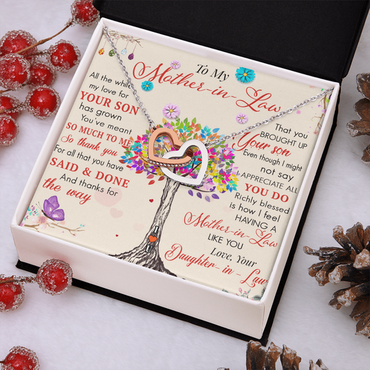 To My Mother in Law Interlock Heart Necklace - Luxury Family Matching Gift from Daughter in Law for Birthday, Christmas, or any Special Occasion