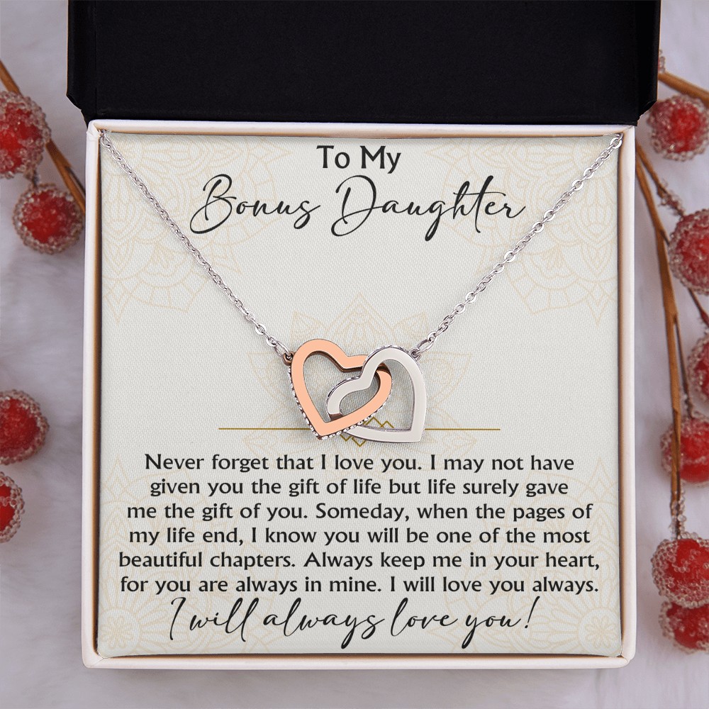 To My Bonus Daughter Interlocking Hearts necklace - Birthday Xmas Gift from Bonus Mom Dad