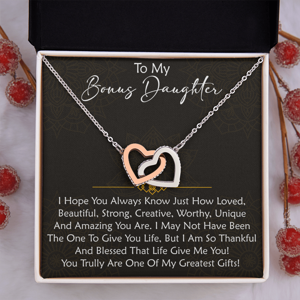 To My Bonus Daughter  Interlocking Hearts Necklace - Birthday Xmas Family Matching Gift from Bonus Mom Dad For Special Occasion.