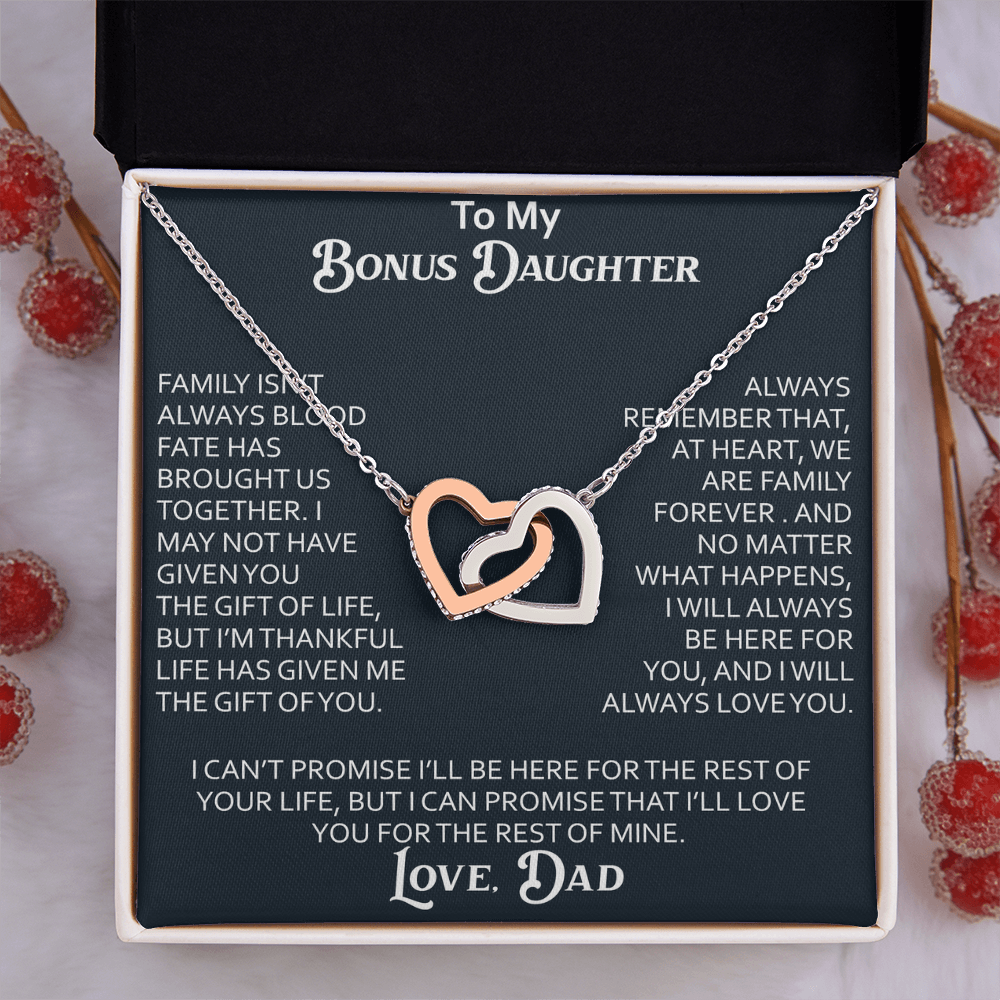To My Bonus Daughter Interlocking Hearts Necklace Meaningful Gift from Dad, Stepdaughter Heart Family Love Jewelry