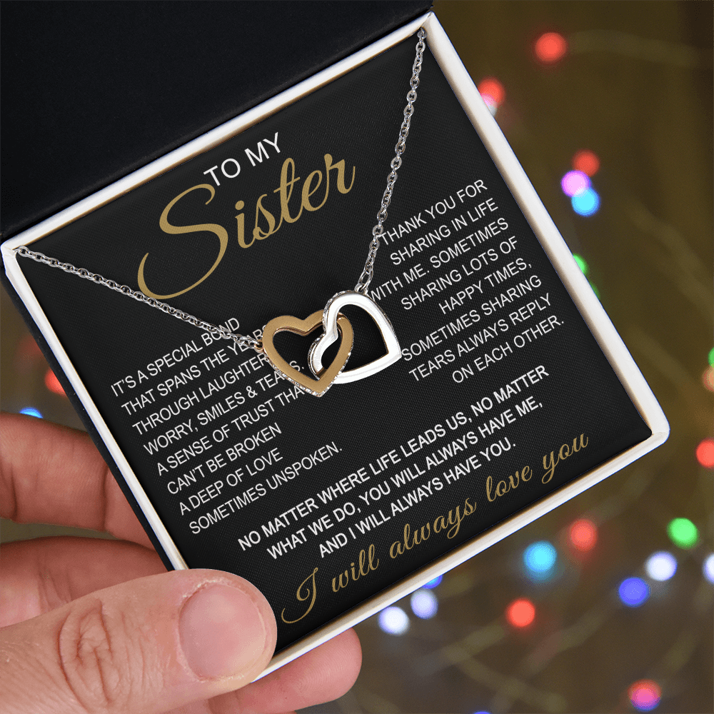 To My Sister Interlocking Hearts Necklace - Long Distant Sister Gift for Birthday, Wedding, Christmas, or any Special Occasion.