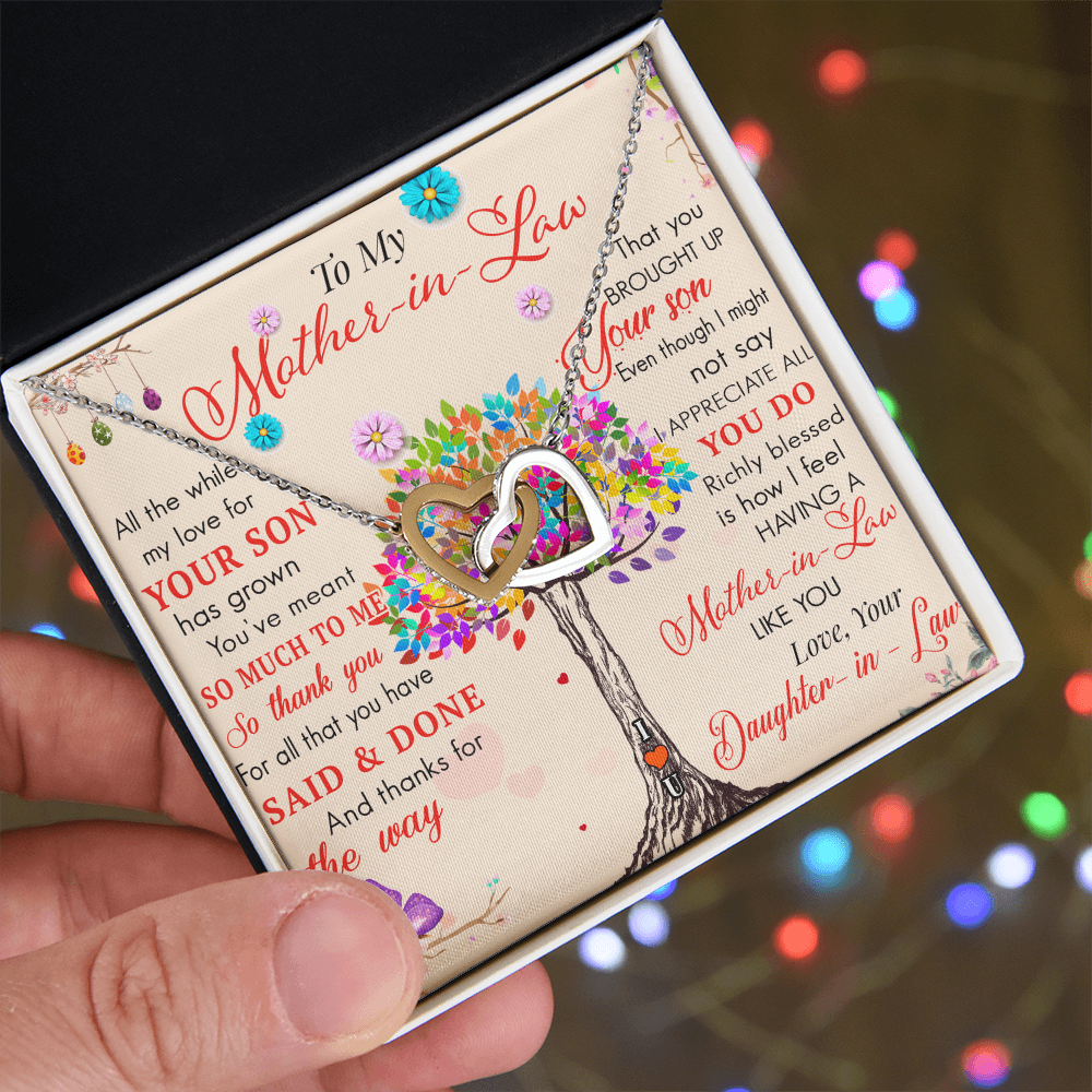 To My Mother in Law Interlock Heart Necklace - Luxury Family Matching Gift from Daughter in Law for Birthday, Christmas, or any Special Occasion
