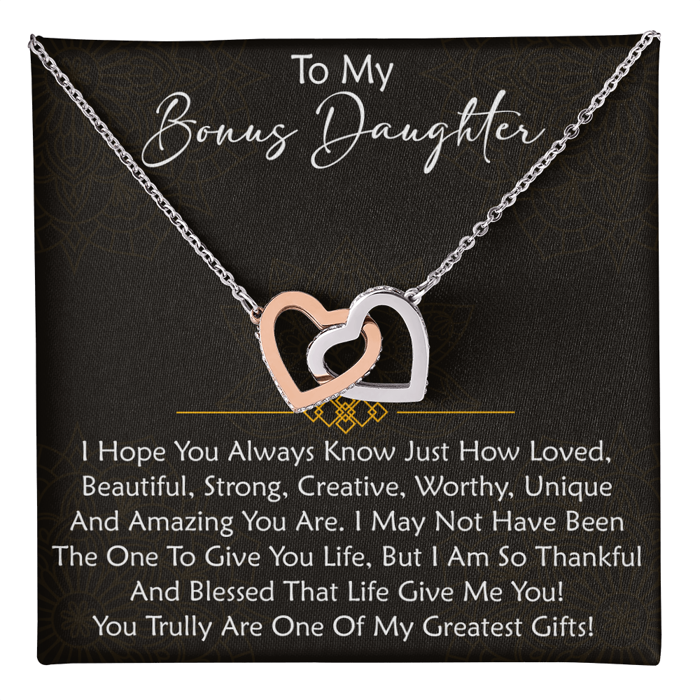 To My Bonus Daughter  Interlocking Hearts Necklace - Birthday Xmas Family Matching Gift from Bonus Mom Dad For Special Occasion.