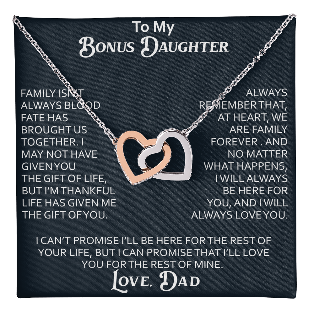 To My Bonus Daughter Interlocking Hearts Necklace Meaningful Gift from Dad, Stepdaughter Heart Family Love Jewelry