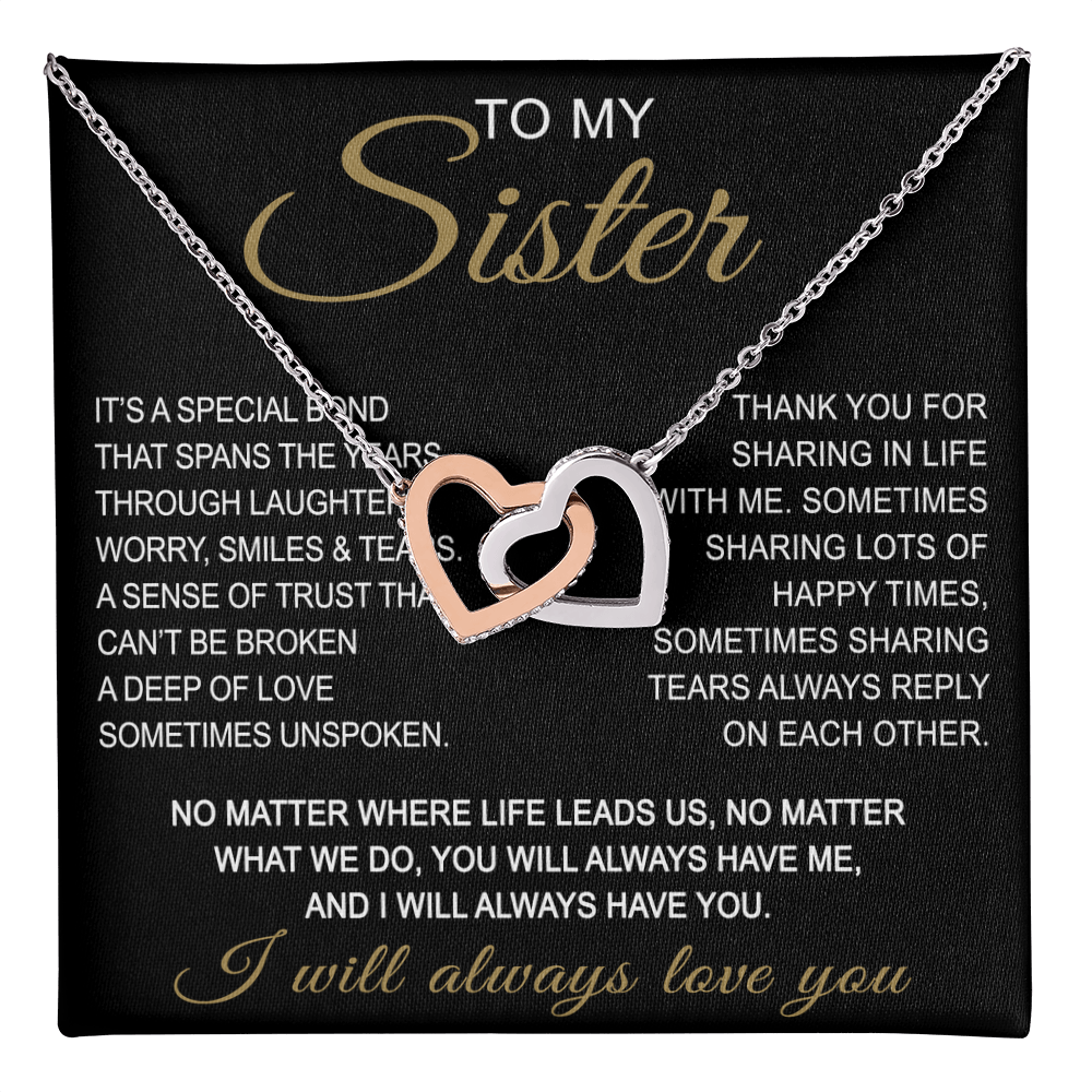To My Sister Interlocking Hearts Necklace - Long Distant Sister Gift for Birthday, Wedding, Christmas, or any Special Occasion.
