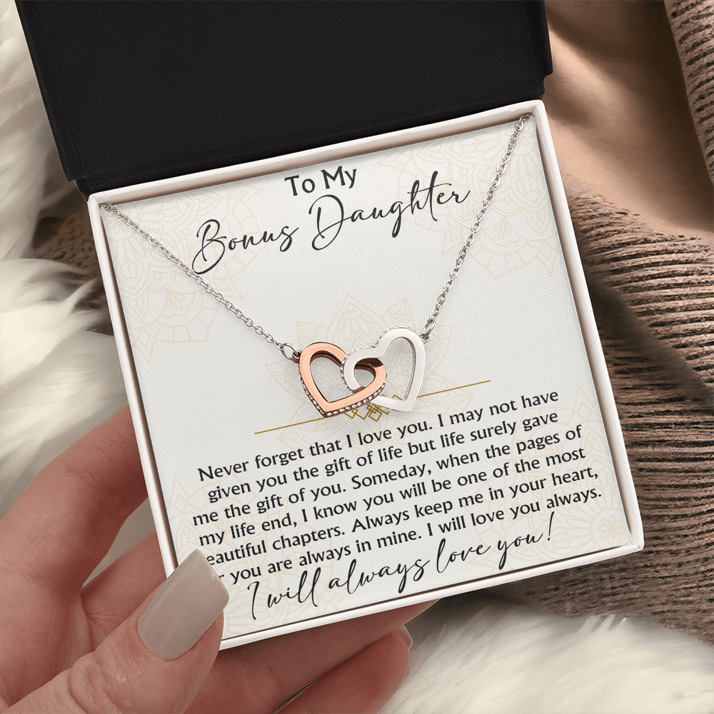 To My Bonus Daughter Interlocking Hearts necklace - Birthday Xmas Gift from Bonus Mom Dad