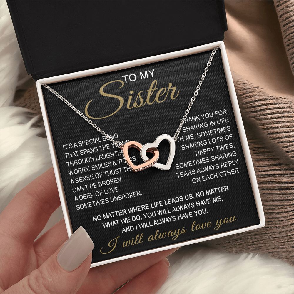 To My Sister Interlocking Hearts Necklace - Long Distant Sister Gift for Birthday, Wedding, Christmas, or any Special Occasion.