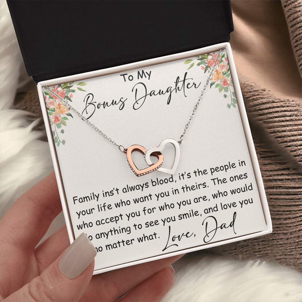 Interlocking Hearts Necklace – Meaningful Bonus Daughter Gift – Stepdad/Stepmom Family Bond Jewelry