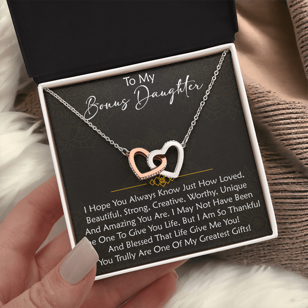 To My Bonus Daughter  Interlocking Hearts Necklace - Birthday Xmas Family Matching Gift from Bonus Mom Dad For Special Occasion.