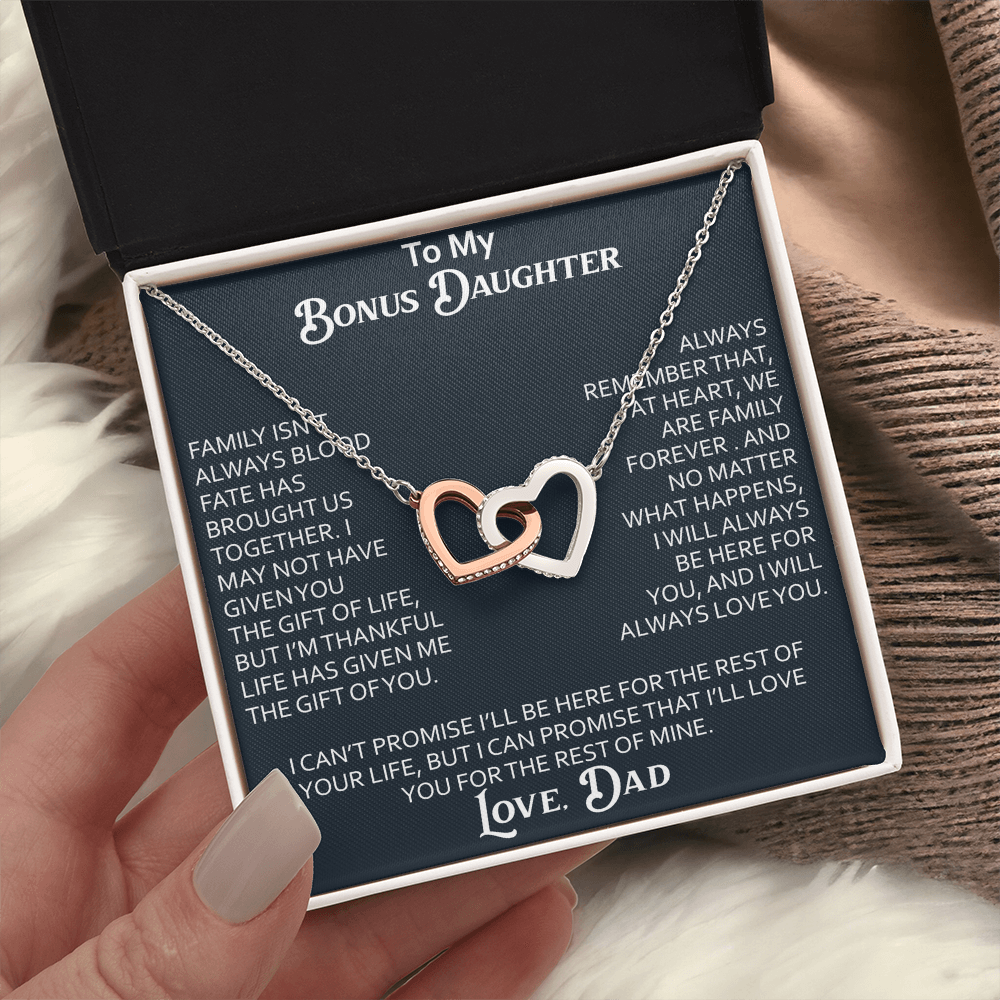 To My Bonus Daughter Interlocking Hearts Necklace Meaningful Gift from Dad, Stepdaughter Heart Family Love Jewelry