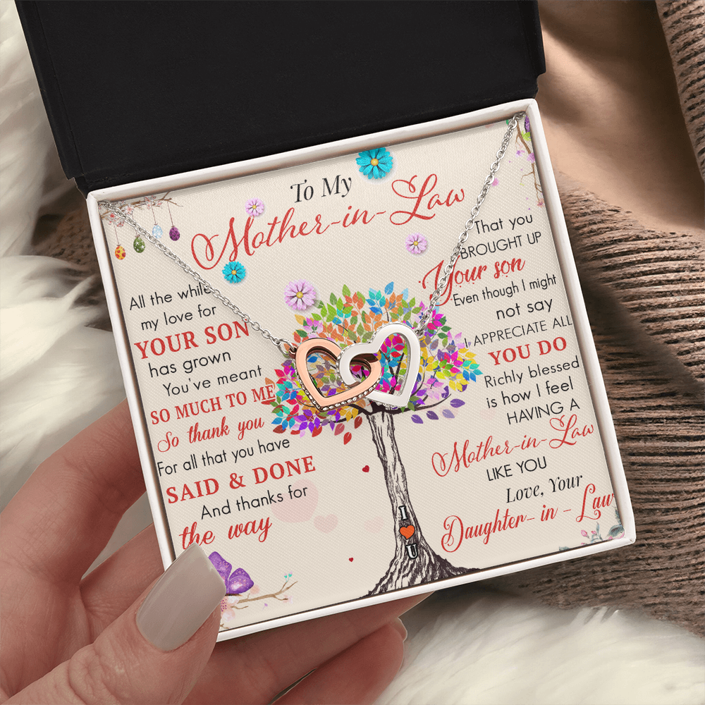To My Mother in Law Interlock Heart Necklace - Luxury Family Matching Gift from Daughter in Law for Birthday, Christmas, or any Special Occasion