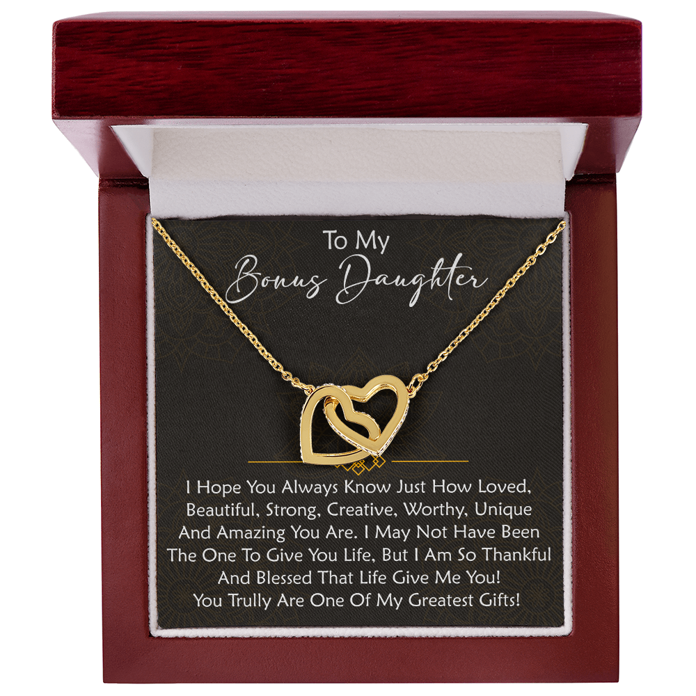 To My Bonus Daughter  Interlocking Hearts Necklace - Birthday Xmas Family Matching Gift from Bonus Mom Dad For Special Occasion.