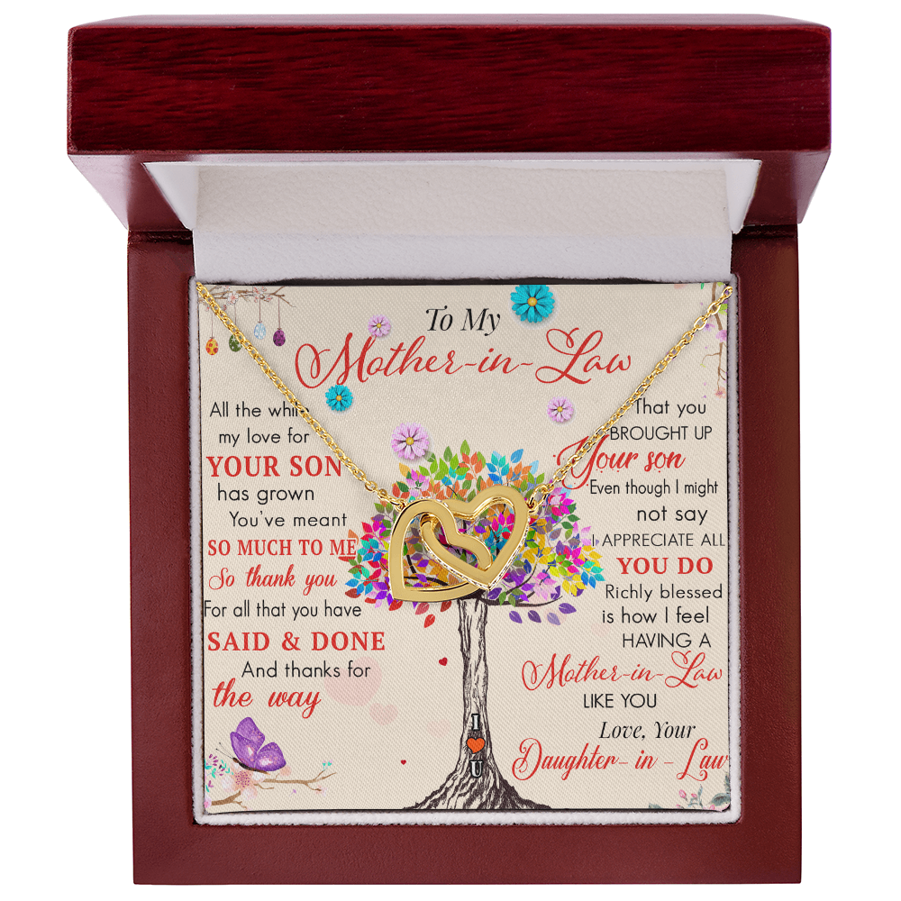 To My Mother in Law Interlock Heart Necklace - Luxury Family Matching Gift from Daughter in Law for Birthday, Christmas, or any Special Occasion