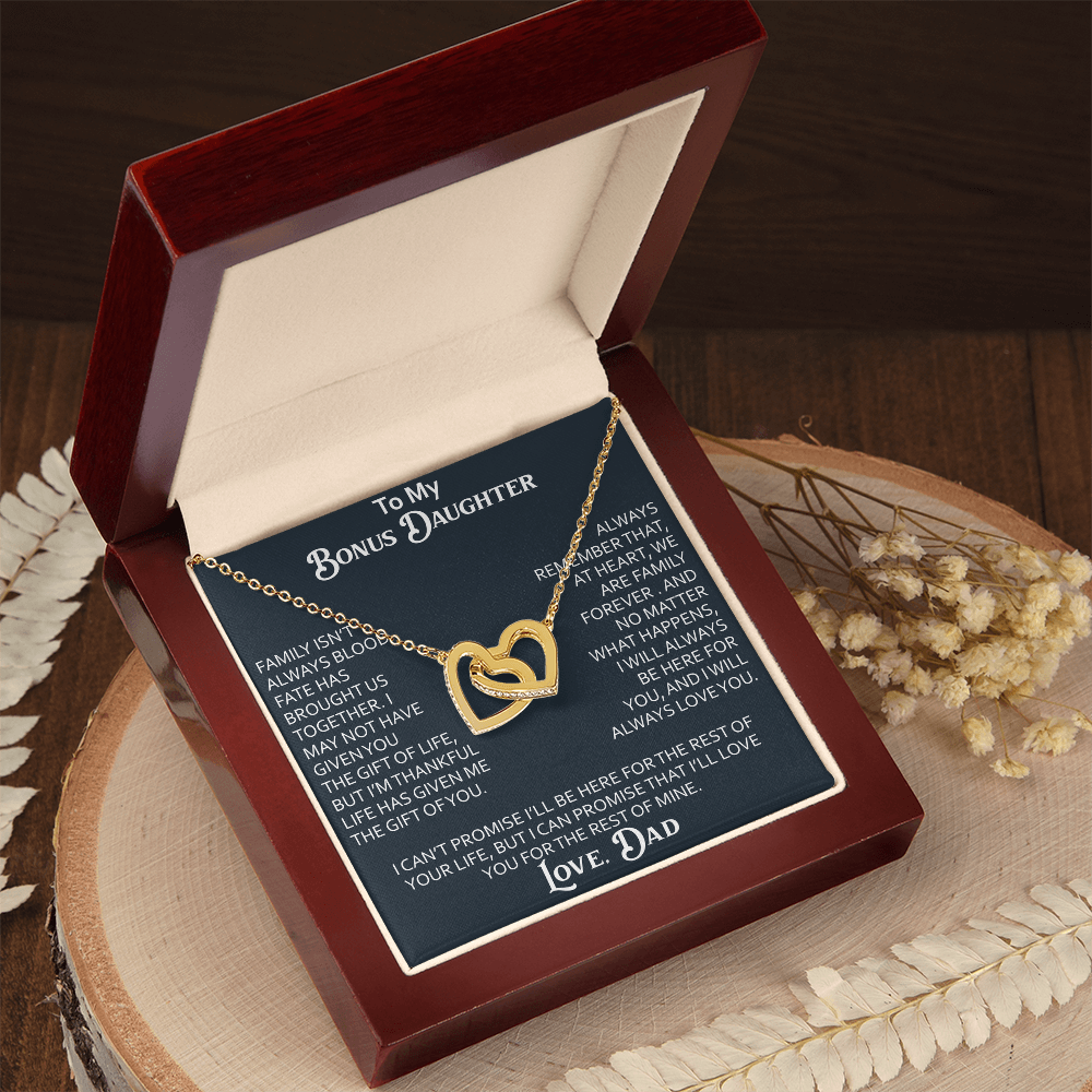 To My Bonus Daughter Interlocking Hearts Necklace Meaningful Gift from Dad, Stepdaughter Heart Family Love Jewelry