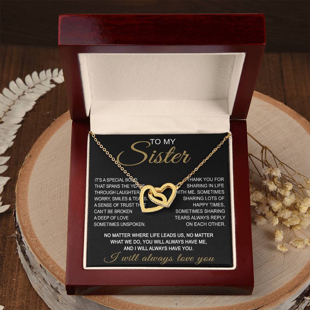 To My Sister Interlocking Hearts Necklace - Long Distant Sister Gift for Birthday, Wedding, Christmas, or any Special Occasion.