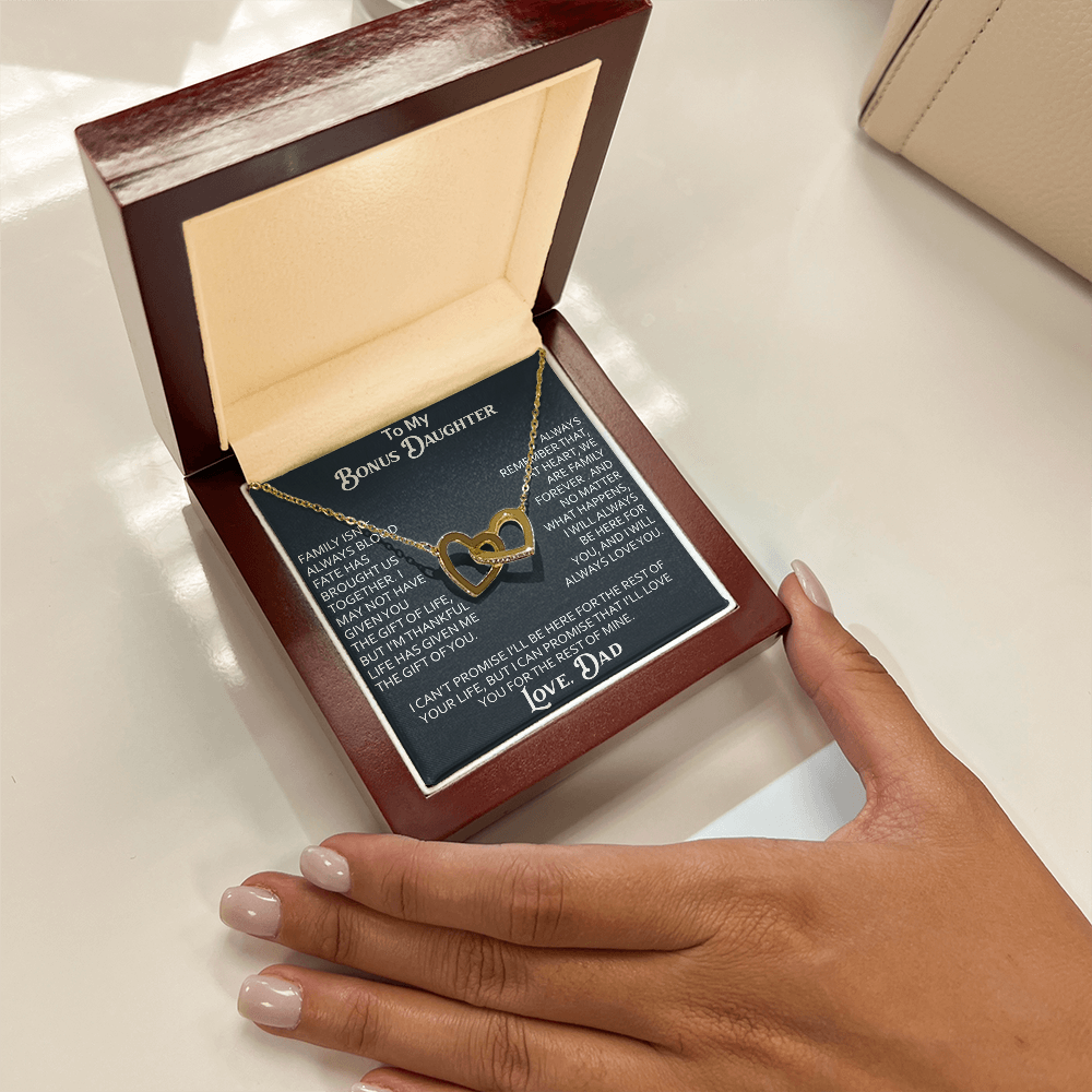 To My Bonus Daughter Interlocking Hearts Necklace Meaningful Gift from Dad, Stepdaughter Heart Family Love Jewelry