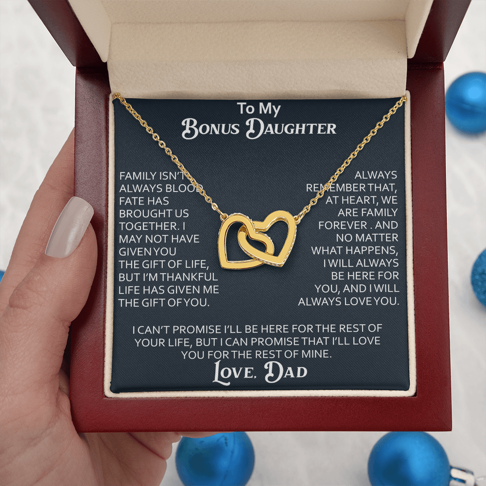 To My Bonus Daughter Interlocking Hearts Necklace Meaningful Gift from Dad, Stepdaughter Heart Family Love Jewelry