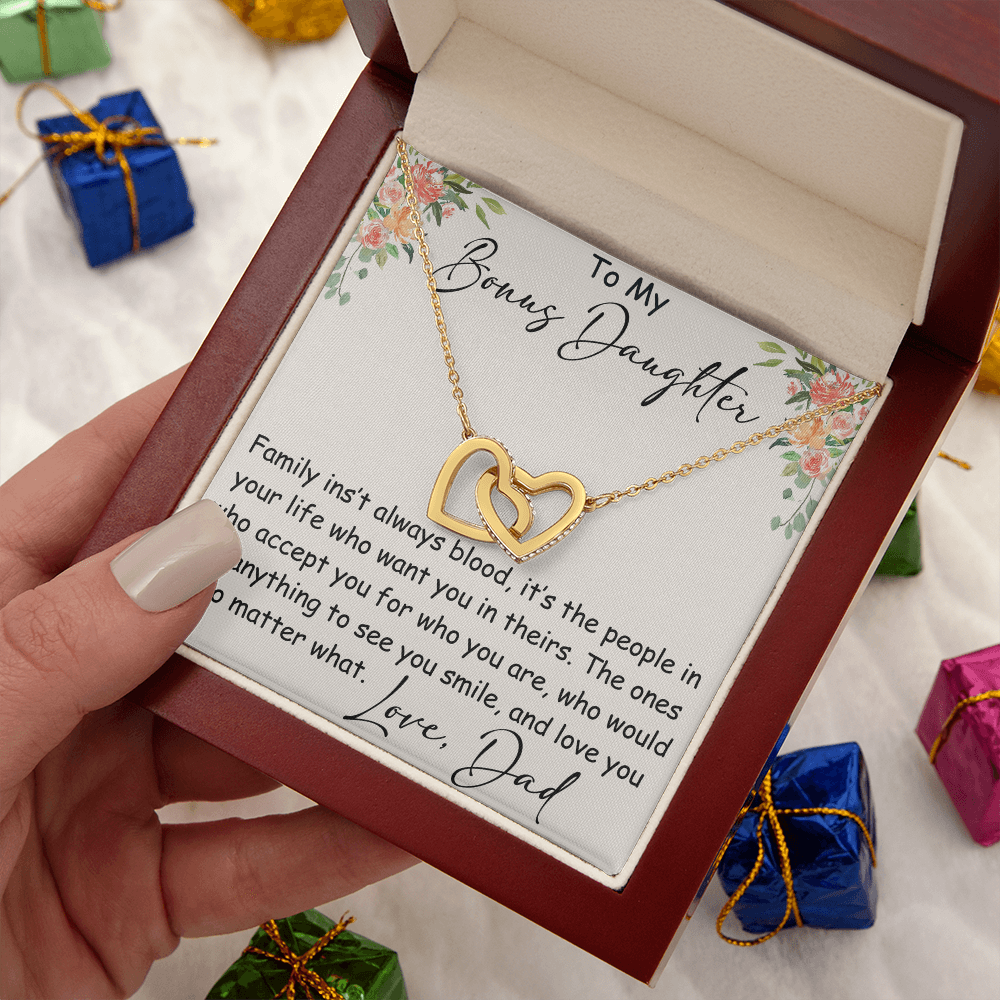 Interlocking Hearts Necklace – Meaningful Bonus Daughter Gift – Stepdad/Stepmom Family Bond Jewelry