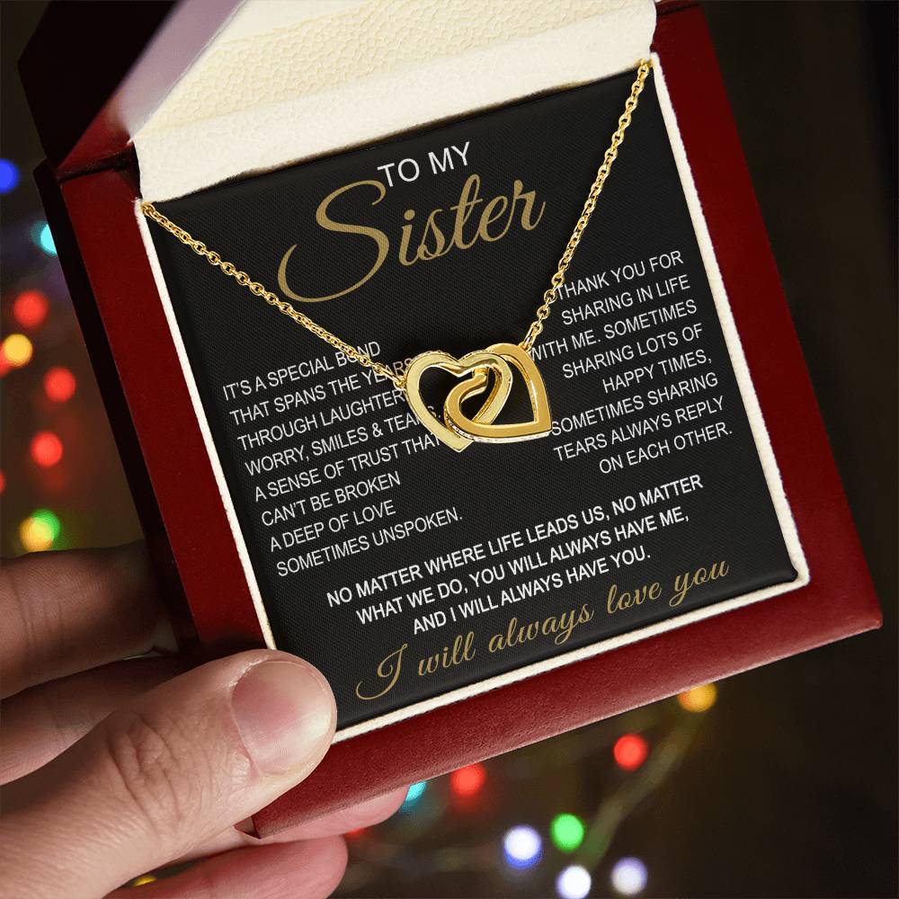 To My Sister Interlocking Hearts Necklace - Long Distant Sister Gift for Birthday, Wedding, Christmas, or any Special Occasion.