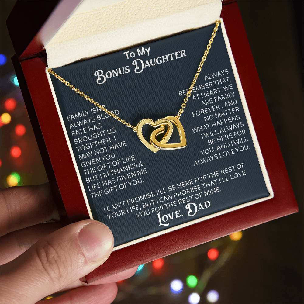 To My Bonus Daughter Interlocking Hearts Necklace Meaningful Gift from Dad, Stepdaughter Heart Family Love Jewelry