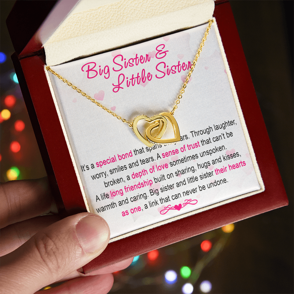 To My Sis Necklace – Interlock Heart Pendant with Message Card and Gift Box, Meaningful Jewelry Gift for Birthday, Christmas or Graduation