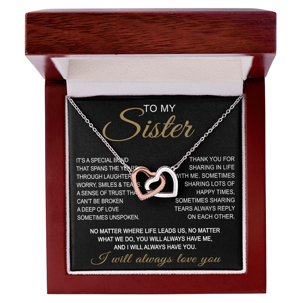 To My Sister Interlocking Hearts Necklace - Long Distant Sister Gift for Birthday, Wedding, Christmas, or any Special Occasion.