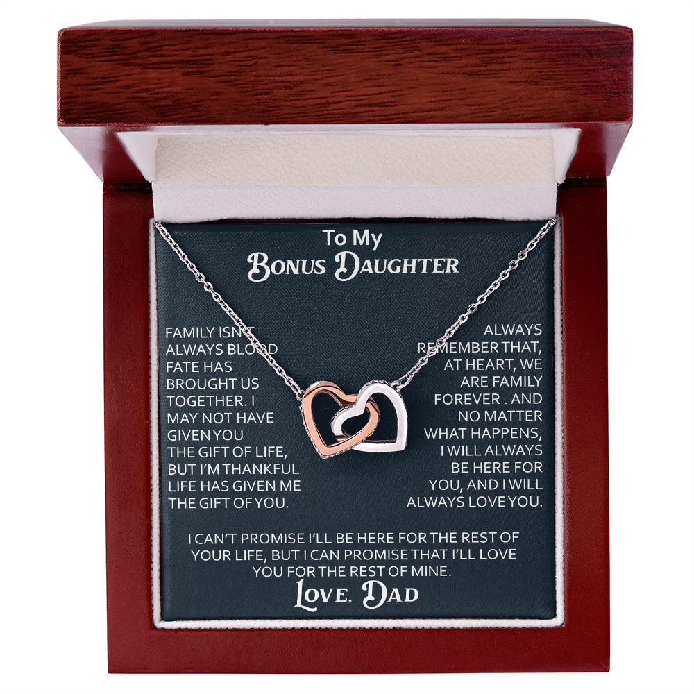 To My Bonus Daughter Interlocking Hearts Necklace Meaningful Gift from Dad, Stepdaughter Heart Family Love Jewelry