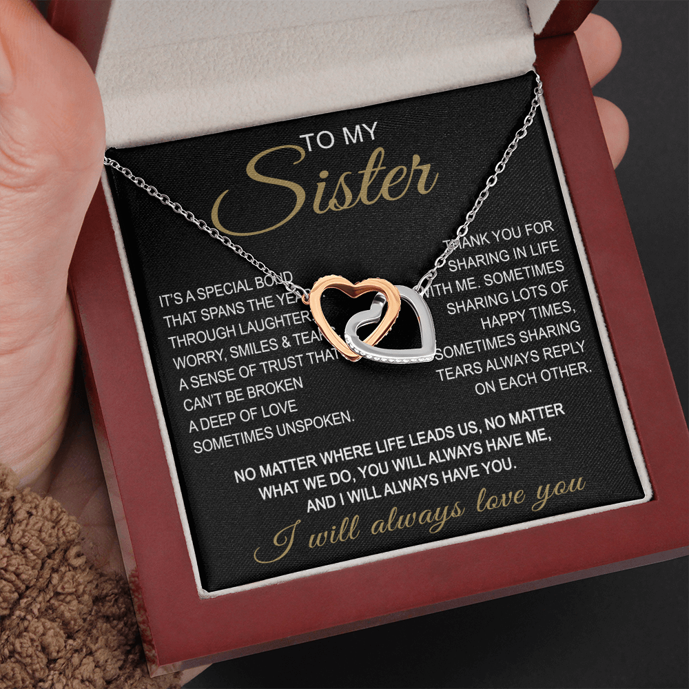 To My Sister Interlocking Hearts Necklace - Long Distant Sister Gift for Birthday, Wedding, Christmas, or any Special Occasion.