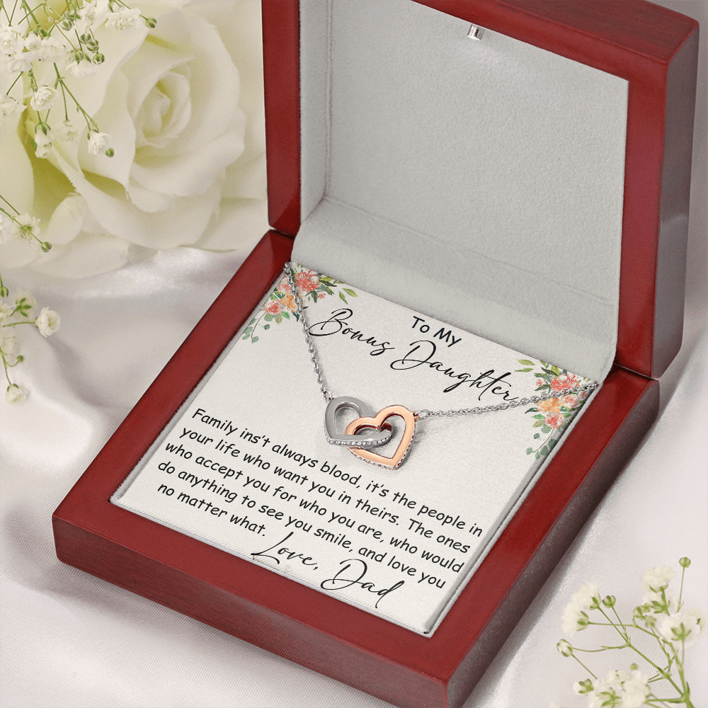 Interlocking Hearts Necklace – Meaningful Bonus Daughter Gift – Stepdad/Stepmom Family Bond Jewelry