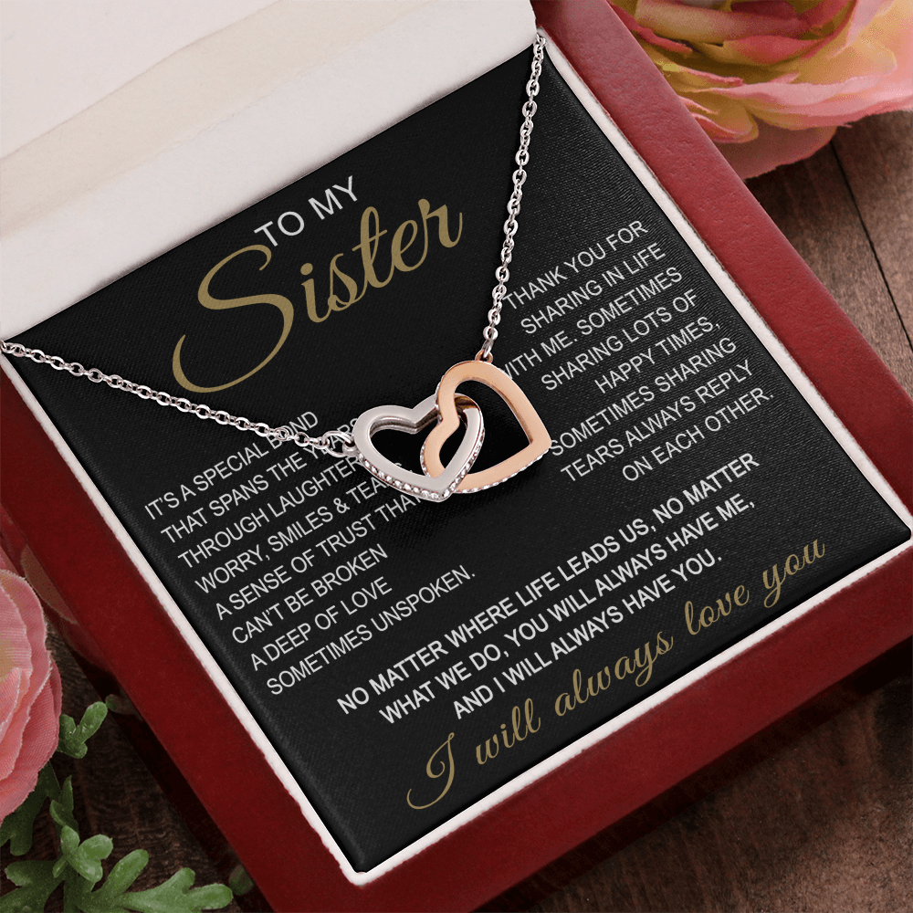 To My Sister Interlocking Hearts Necklace - Long Distant Sister Gift for Birthday, Wedding, Christmas, or any Special Occasion.