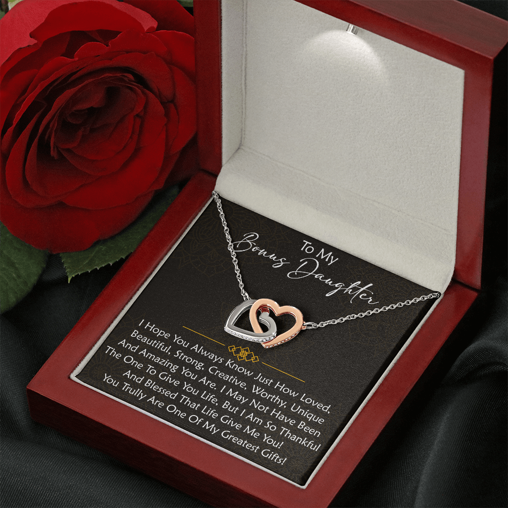 To My Bonus Daughter  Interlocking Hearts Necklace - Birthday Xmas Family Matching Gift from Bonus Mom Dad For Special Occasion.