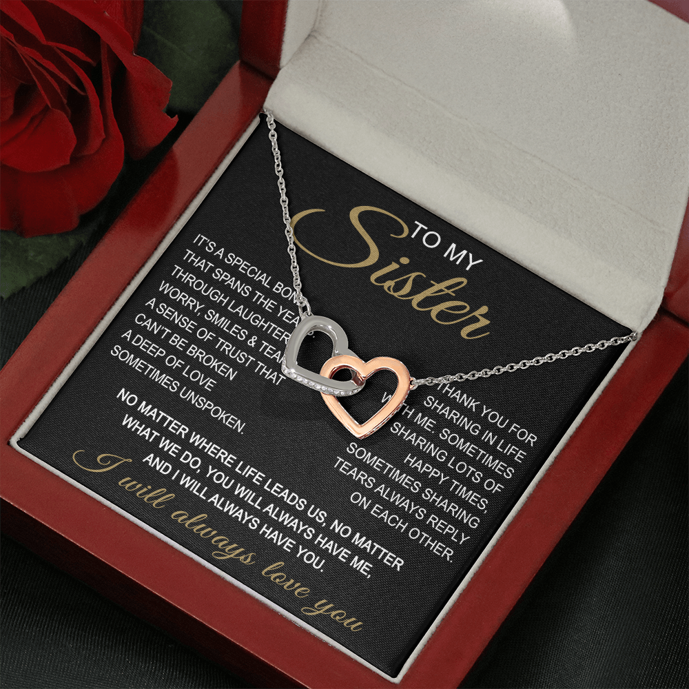 To My Sister Interlocking Hearts Necklace - Long Distant Sister Gift for Birthday, Wedding, Christmas, or any Special Occasion.