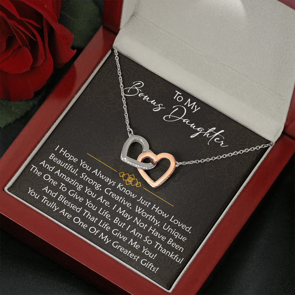 To My Bonus Daughter  Interlocking Hearts Necklace - Birthday Xmas Family Matching Gift from Bonus Mom Dad For Special Occasion.