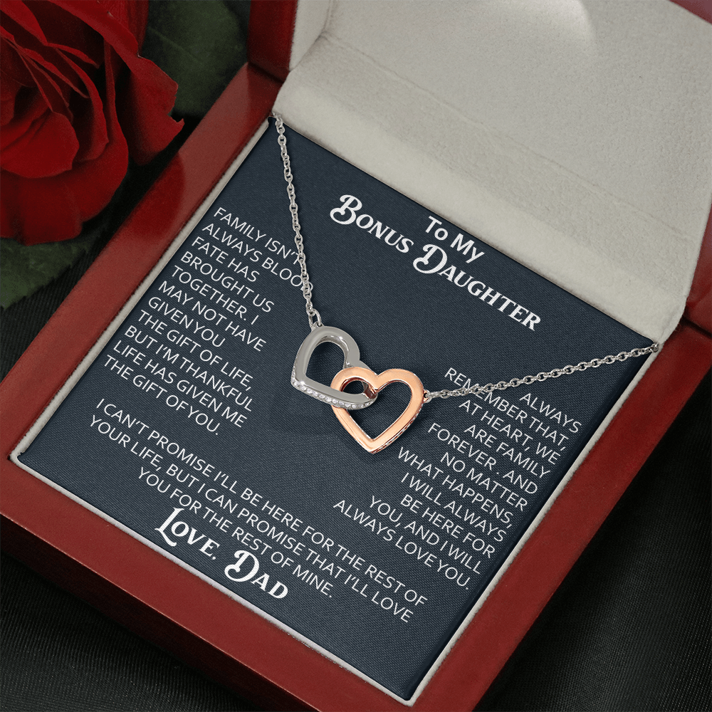 To My Bonus Daughter Interlocking Hearts Necklace Meaningful Gift from Dad, Stepdaughter Heart Family Love Jewelry