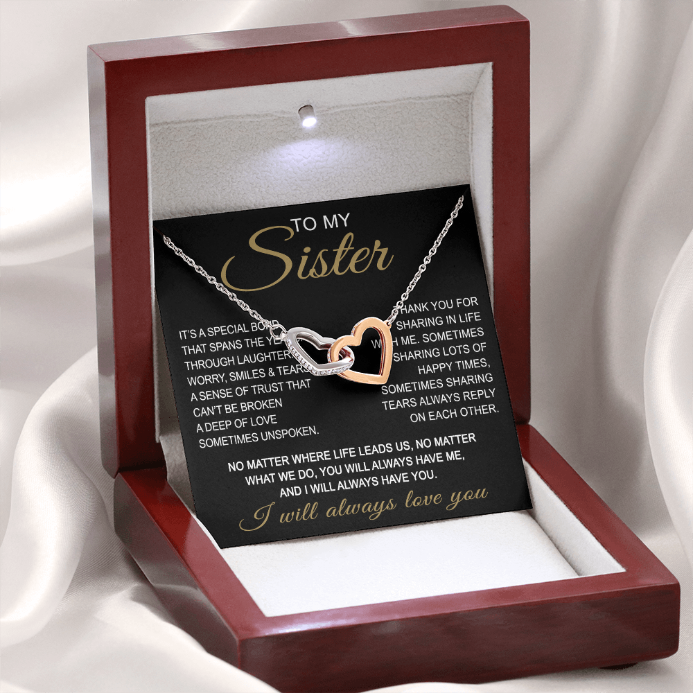 To My Sister Interlocking Hearts Necklace - Long Distant Sister Gift for Birthday, Wedding, Christmas, or any Special Occasion.