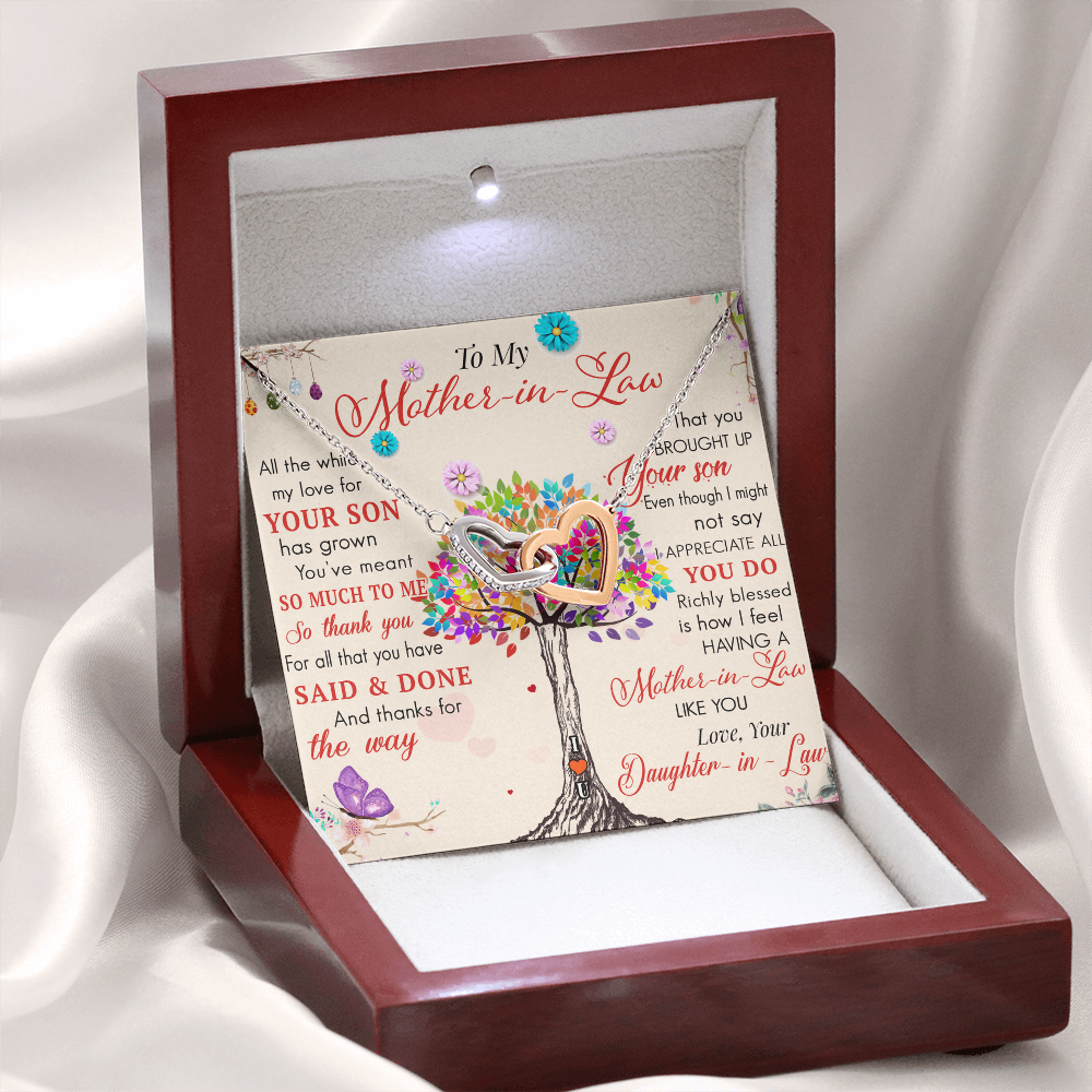 To My Mother in Law Interlock Heart Necklace - Luxury Family Matching Gift from Daughter in Law for Birthday, Christmas, or any Special Occasion