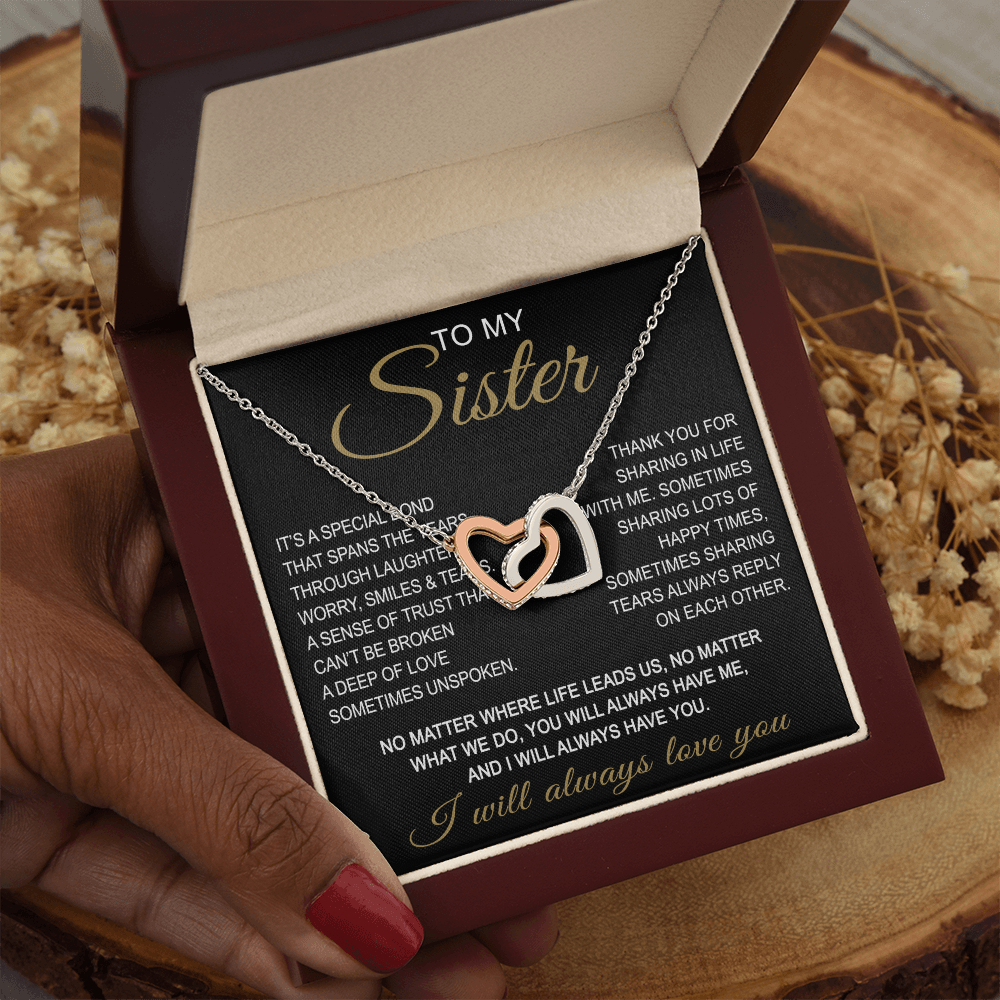 To My Sister Interlocking Hearts Necklace - Long Distant Sister Gift for Birthday, Wedding, Christmas, or any Special Occasion.