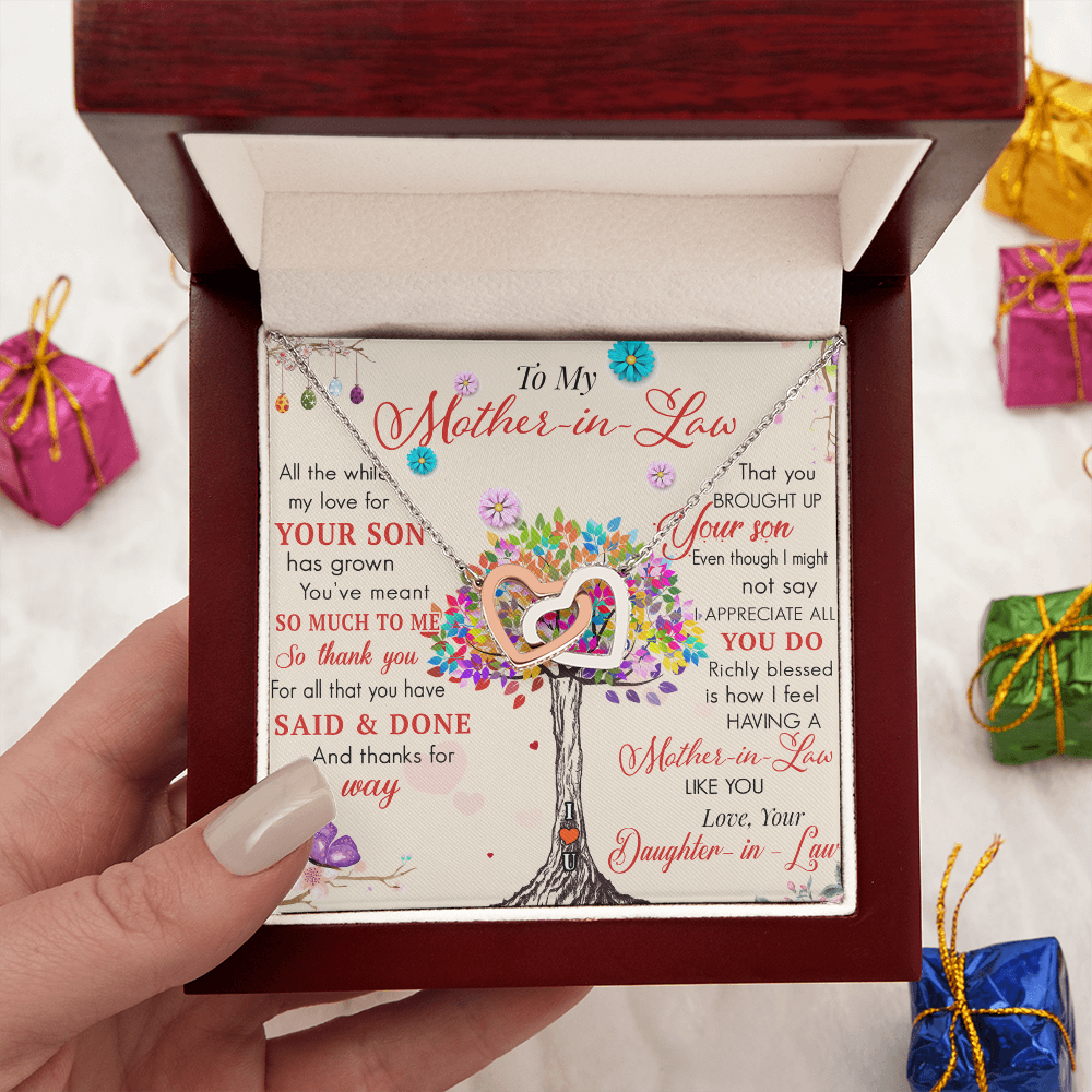 To My Mother in Law Interlock Heart Necklace - Luxury Family Matching Gift from Daughter in Law for Birthday, Christmas, or any Special Occasion
