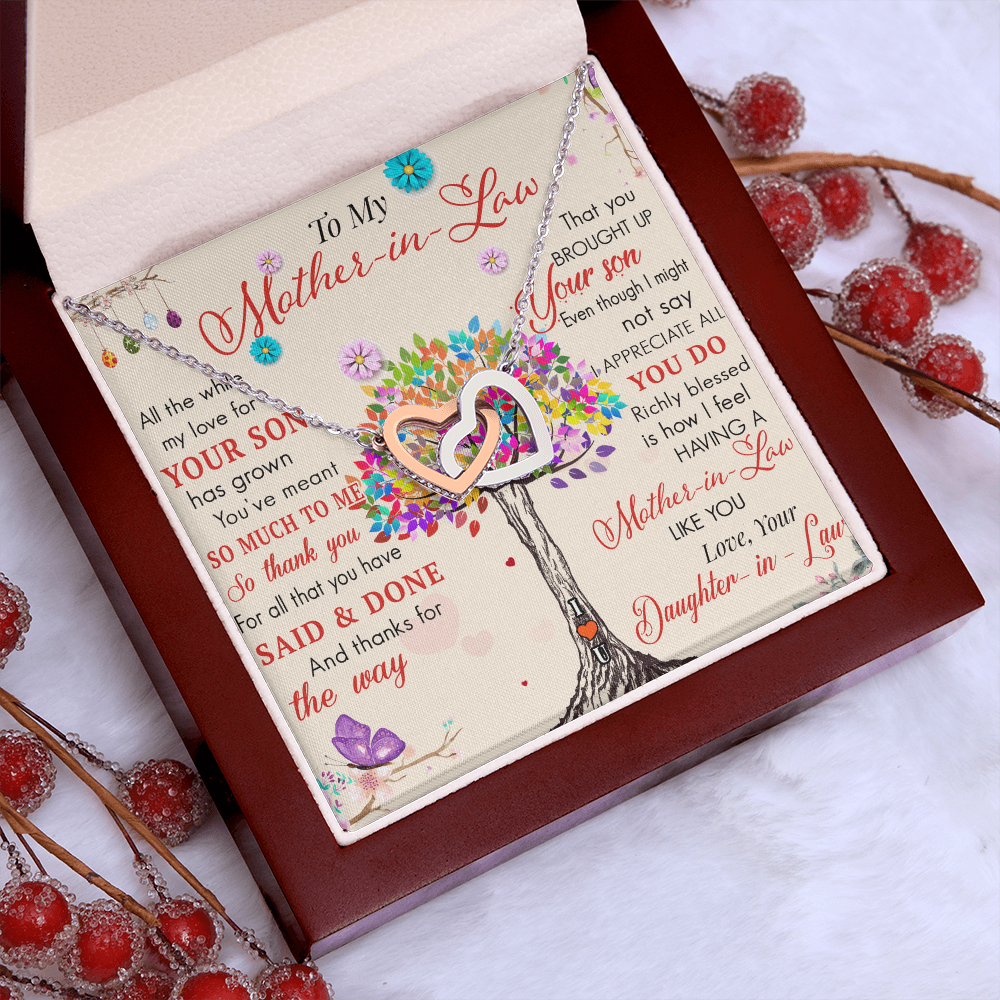 To My Mother in Law Interlock Heart Necklace - Luxury Family Matching Gift from Daughter in Law for Birthday, Christmas, or any Special Occasion