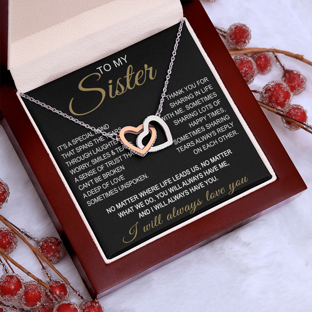To My Sister Interlocking Hearts Necklace - Long Distant Sister Gift for Birthday, Wedding, Christmas, or any Special Occasion.