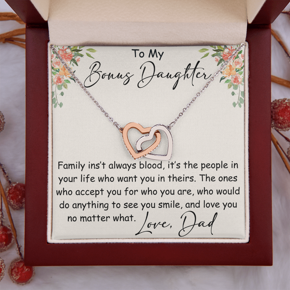 Interlocking Hearts Necklace – Meaningful Bonus Daughter Gift – Stepdad/Stepmom Family Bond Jewelry