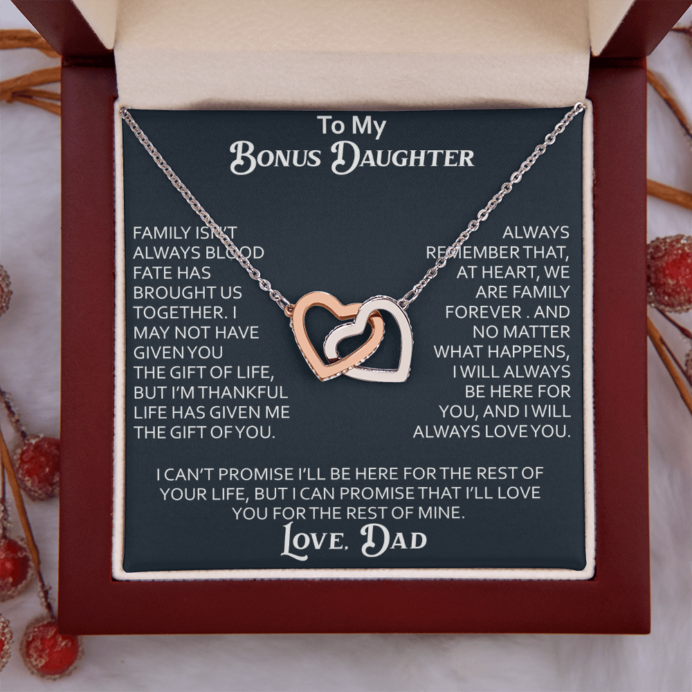 To My Bonus Daughter Interlocking Hearts Necklace Meaningful Gift from Dad, Stepdaughter Heart Family Love Jewelry