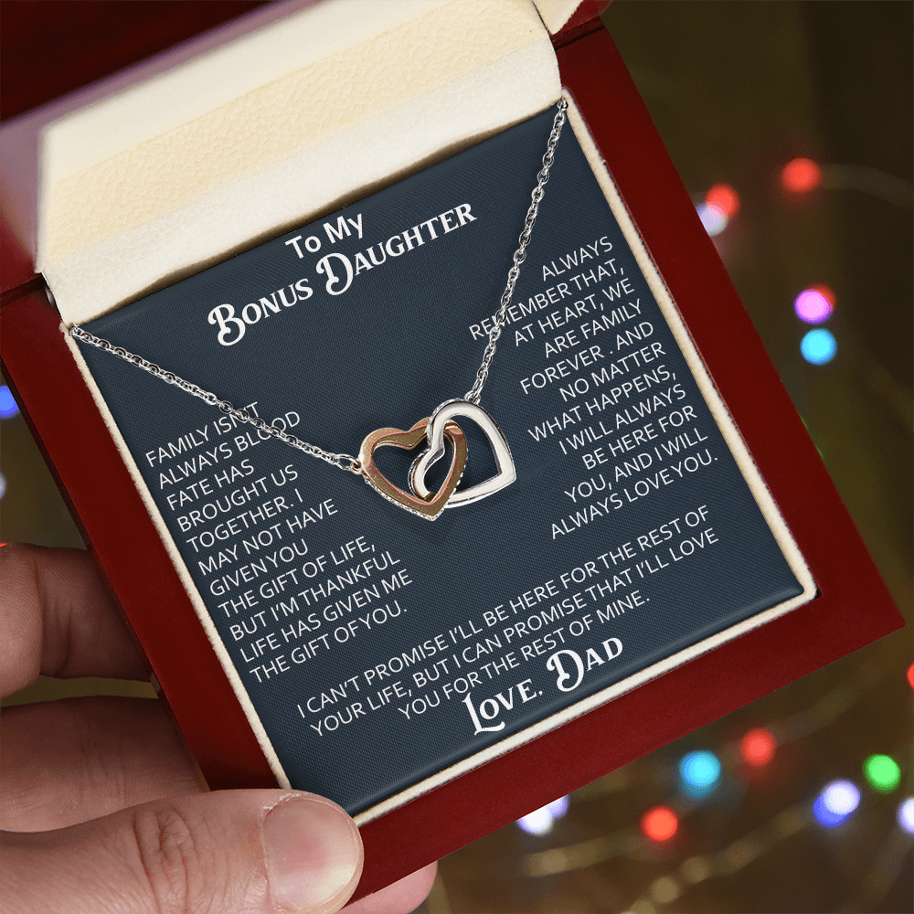 To My Bonus Daughter Interlocking Hearts Necklace Meaningful Gift from Dad, Stepdaughter Heart Family Love Jewelry