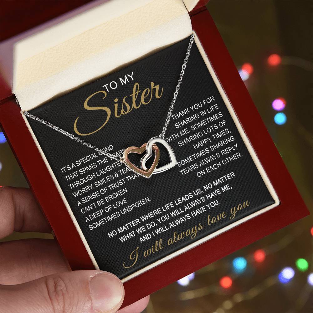 To My Sister Interlocking Hearts Necklace - Long Distant Sister Gift for Birthday, Wedding, Christmas, or any Special Occasion.
