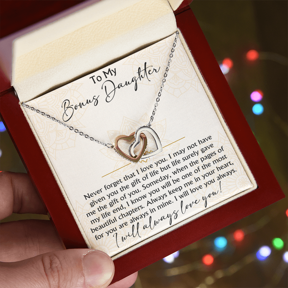 To My Bonus Daughter Interlocking Hearts necklace - Birthday Xmas Gift from Bonus Mom Dad